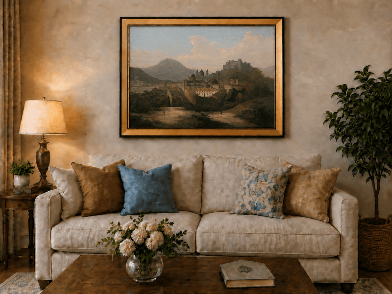 Peinture à l'huile de paysage - Paysage urbain historique et château au sommet d'une colline