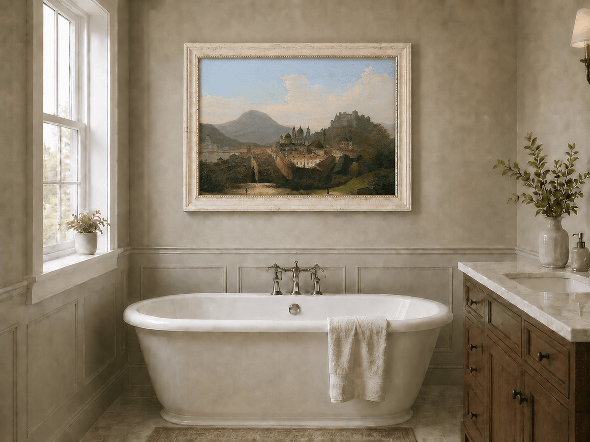 Peinture à l'huile de paysage - Paysage urbain historique et château au sommet d'une colline