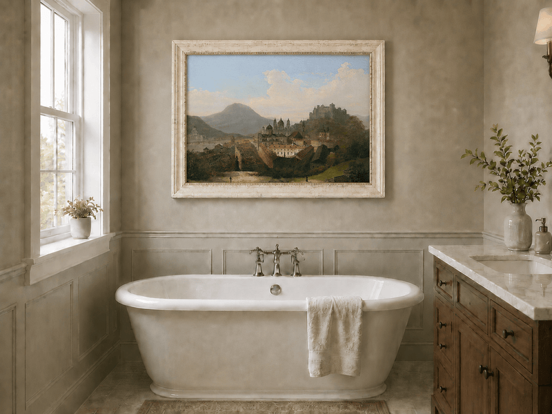 Peinture à l'huile de paysage - Paysage urbain historique et château au sommet d'une colline