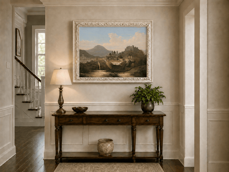 Peinture à l'huile de paysage - Paysage urbain historique et château au sommet d'une colline