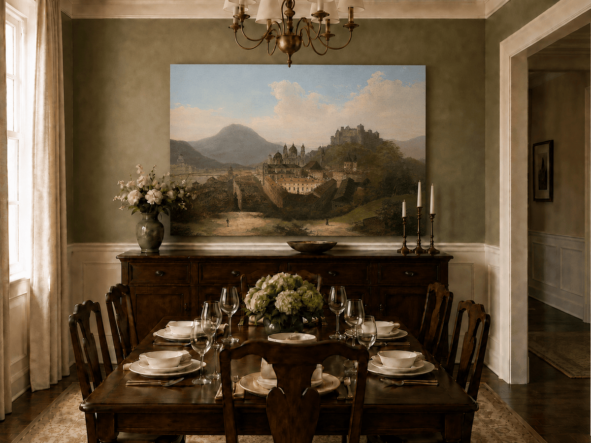 Peinture à l'huile de paysage - Paysage urbain historique et château au sommet d'une colline