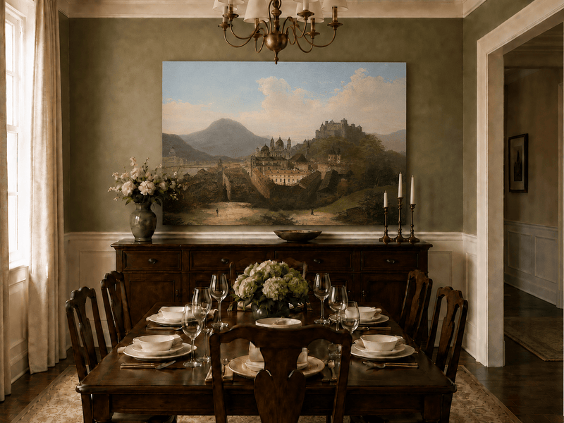 Peinture à l'huile de paysage - Paysage urbain historique et château au sommet d'une colline