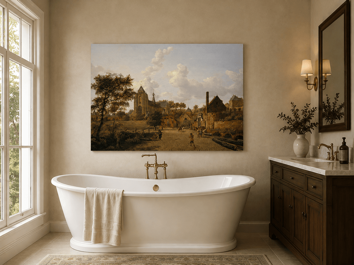 Landscape Oil Painting - Historic Dutch Town with Church View
