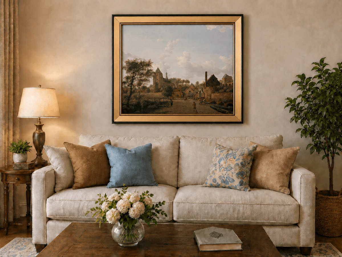 Landscape Oil Painting - Historic Dutch Town with Church View