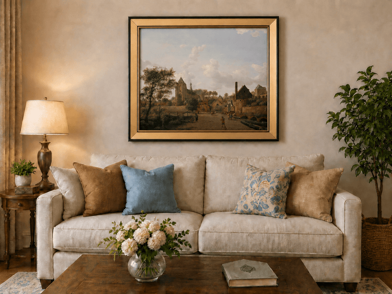 Landscape Oil Painting - Historic Dutch Town with Church View