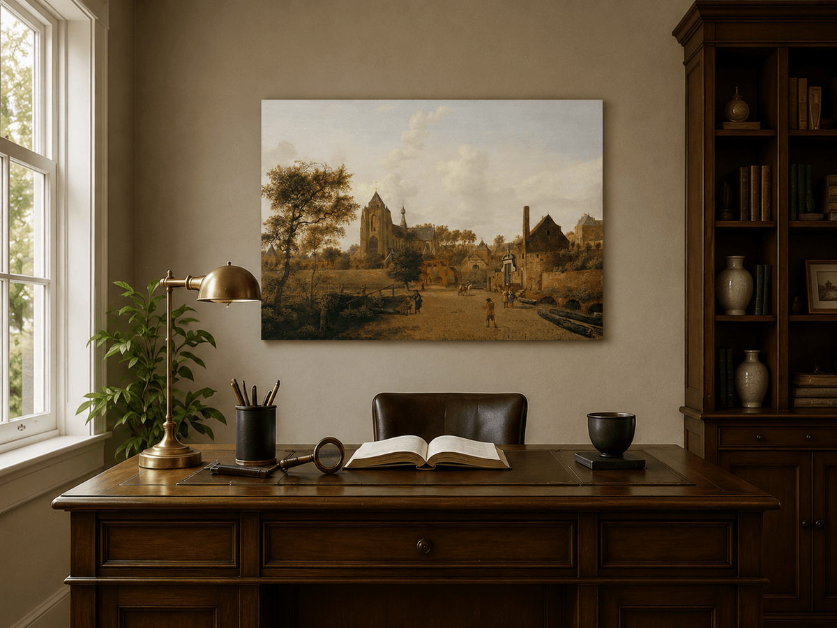 Landscape Oil Painting - Historic Dutch Town with Church View