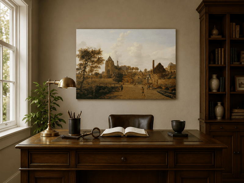 Landscape Oil Painting - Historic Dutch Town with Church View