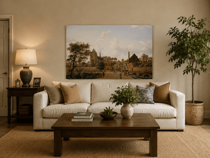 Landscape Oil Painting - Historic Dutch Town with Church View