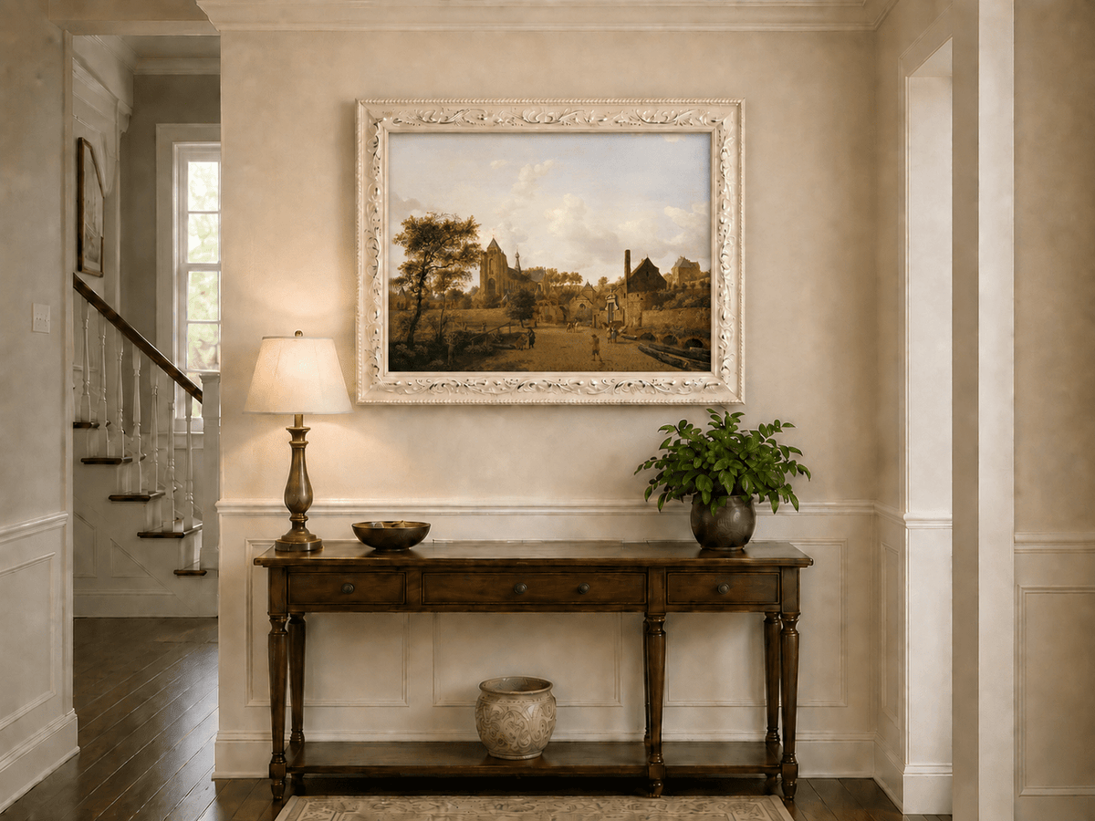 Landscape Oil Painting - Historic Dutch Town with Church View