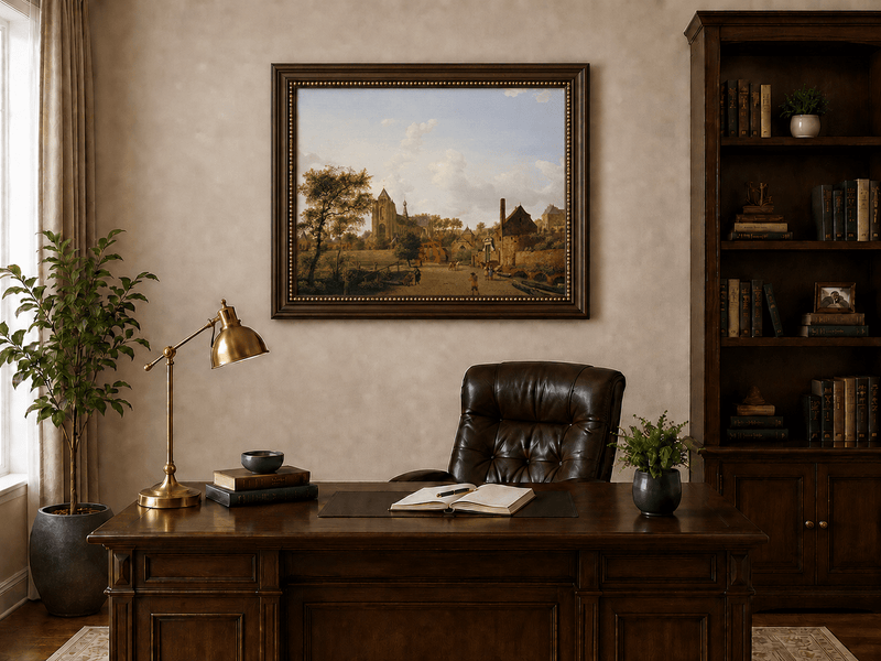 Landscape Oil Painting - Historic Dutch Town with Church View