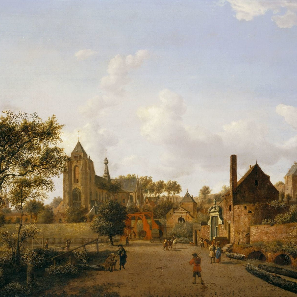 Hand-painted historic dutch town with church view landscape oil painting on canvas