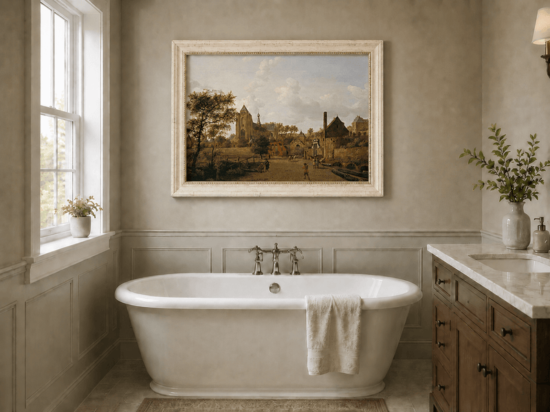 Landscape Oil Painting - Historic Dutch Town with Church View