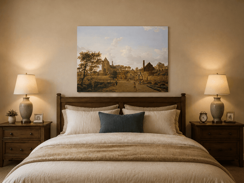 Landscape Oil Painting - Historic Dutch Town with Church View