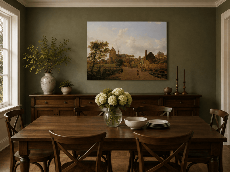 Landscape Oil Painting - Historic Dutch Town with Church View