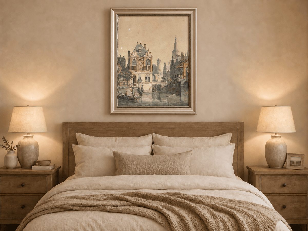 Pintura al óleo de paisaje: Ciudad histórica europea con canales, barcos