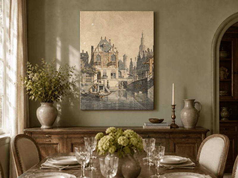 Pintura al óleo de paisaje: Ciudad histórica europea con canales, barcos