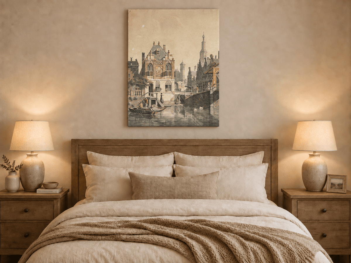 Pintura al óleo de paisaje: Ciudad histórica europea con canales, barcos