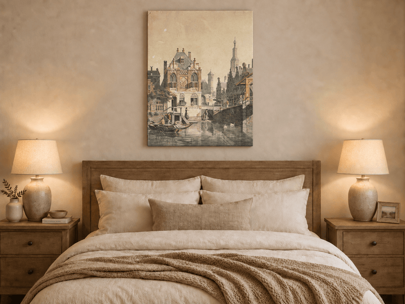 Pintura al óleo de paisaje: Ciudad histórica europea con canales, barcos
