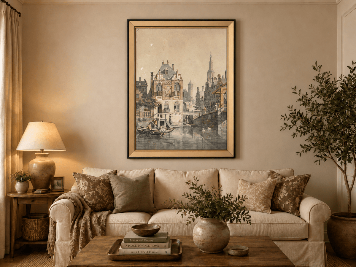 Pintura al óleo de paisaje: Ciudad histórica europea con canales, barcos