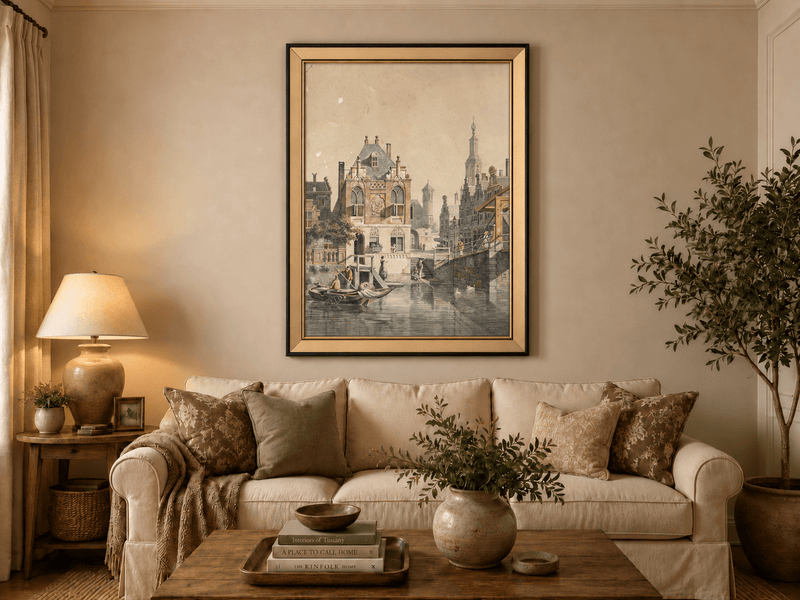 Pintura al óleo de paisaje: Ciudad histórica europea con canales, barcos