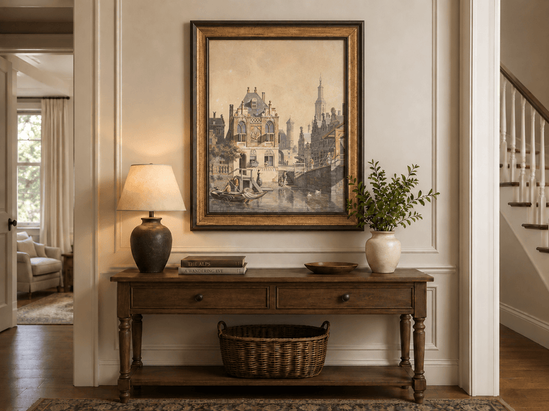 Pintura al óleo de paisaje: Ciudad histórica europea con canales, barcos