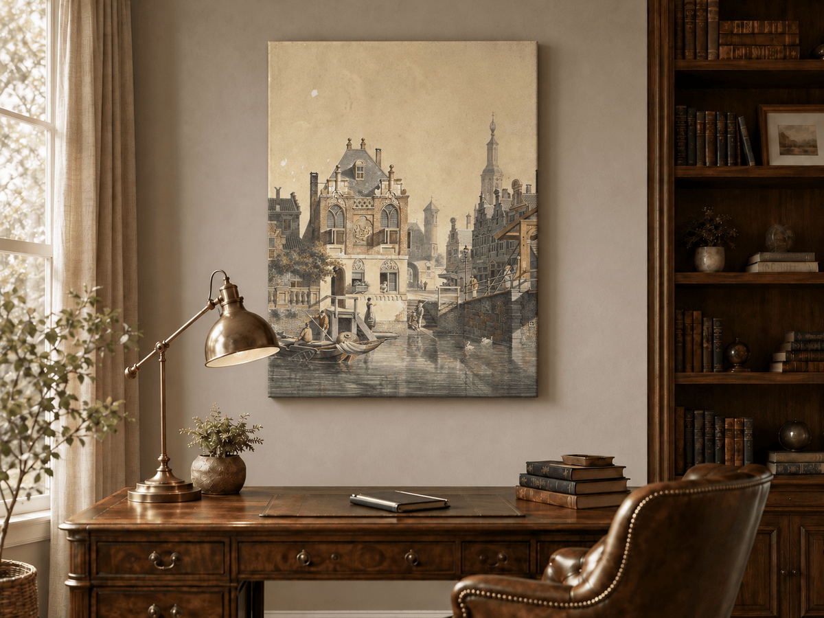 Pintura al óleo de paisaje: Ciudad histórica europea con canales, barcos