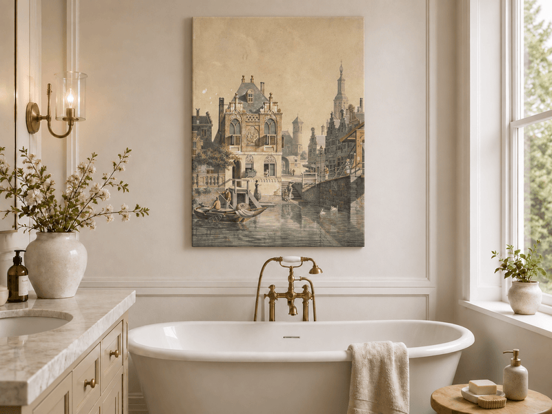 Pintura al óleo de paisaje: Ciudad histórica europea con canales, barcos