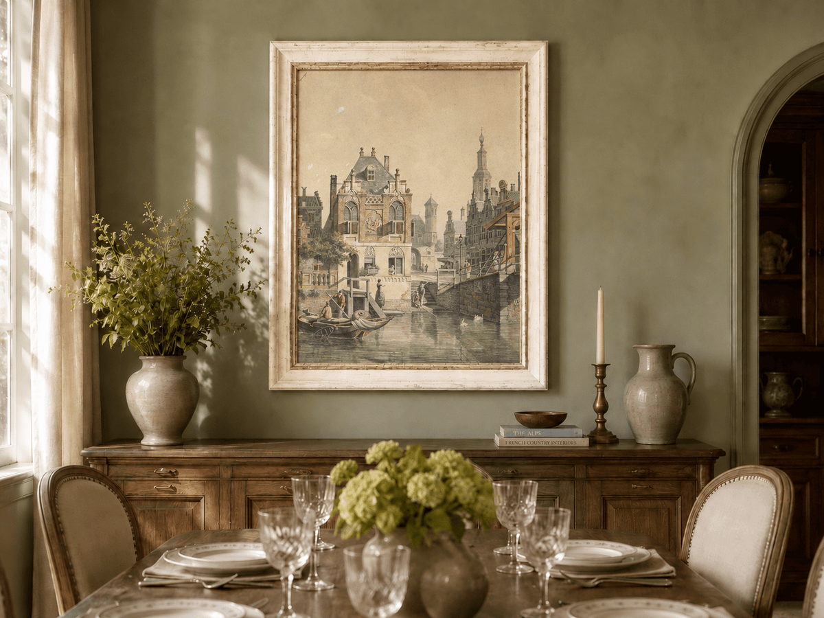 Pintura al óleo de paisaje: Ciudad histórica europea con canales, barcos