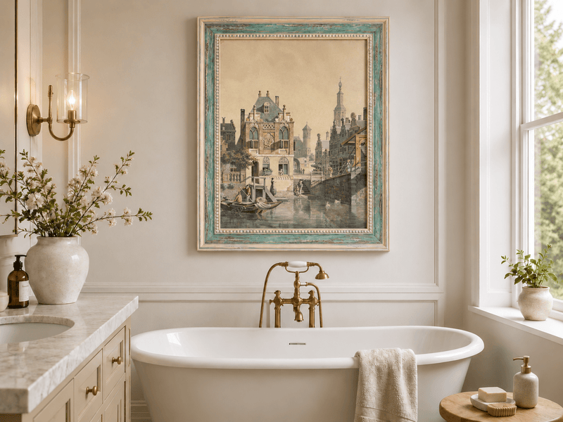 Pintura al óleo de paisaje: Ciudad histórica europea con canales, barcos