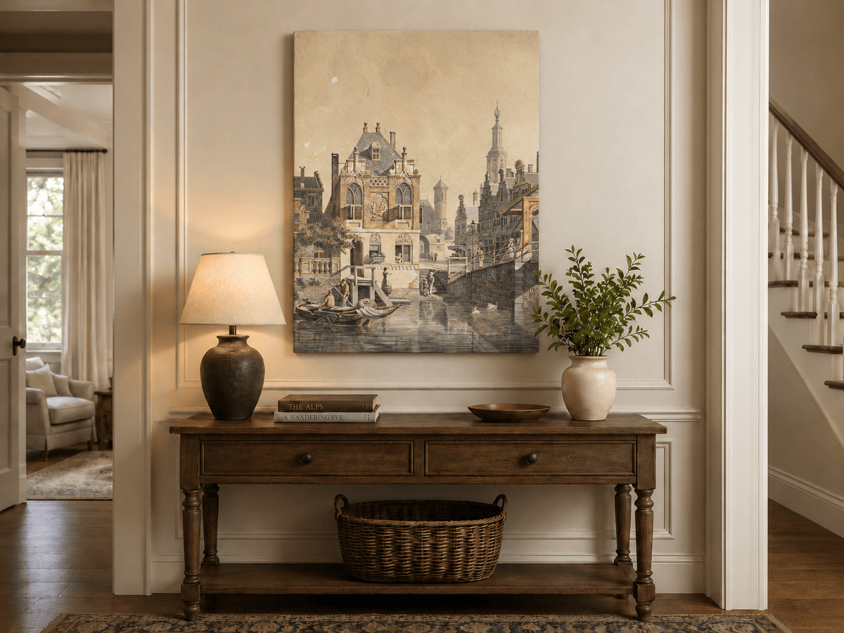 Pintura al óleo de paisaje: Ciudad histórica europea con canales, barcos