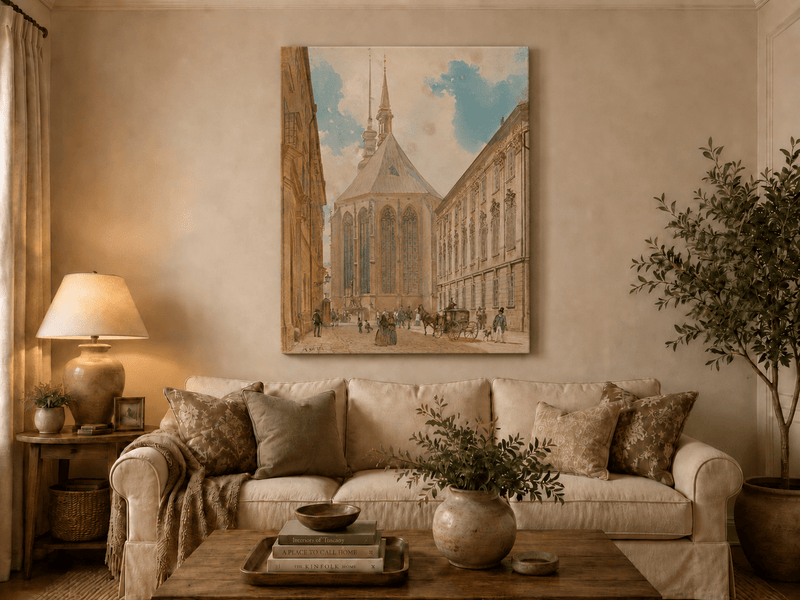 Landscape Oil Painting - Historic European Street Cathedral