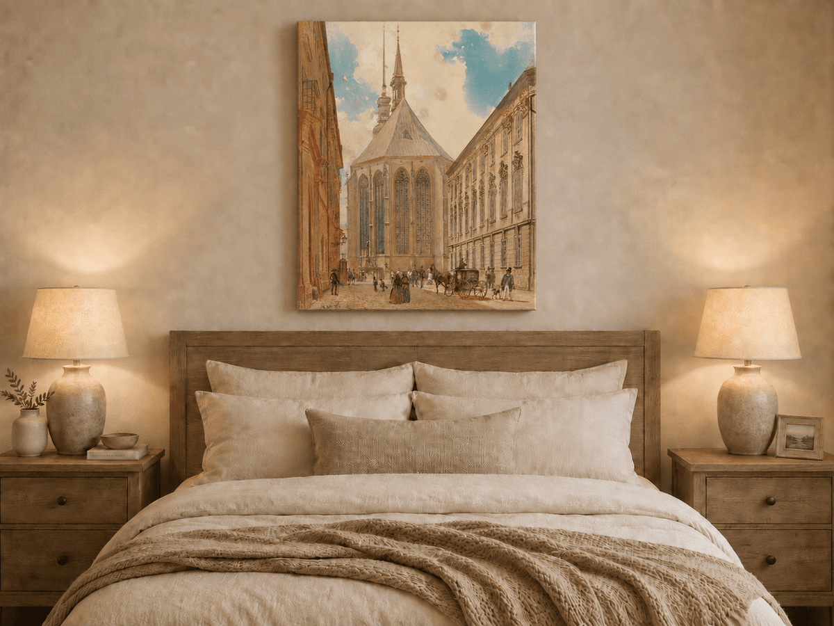 Landscape Oil Painting - Historic European Street Cathedral