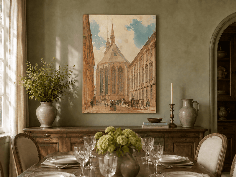 Landscape Oil Painting - Historic European Street Cathedral