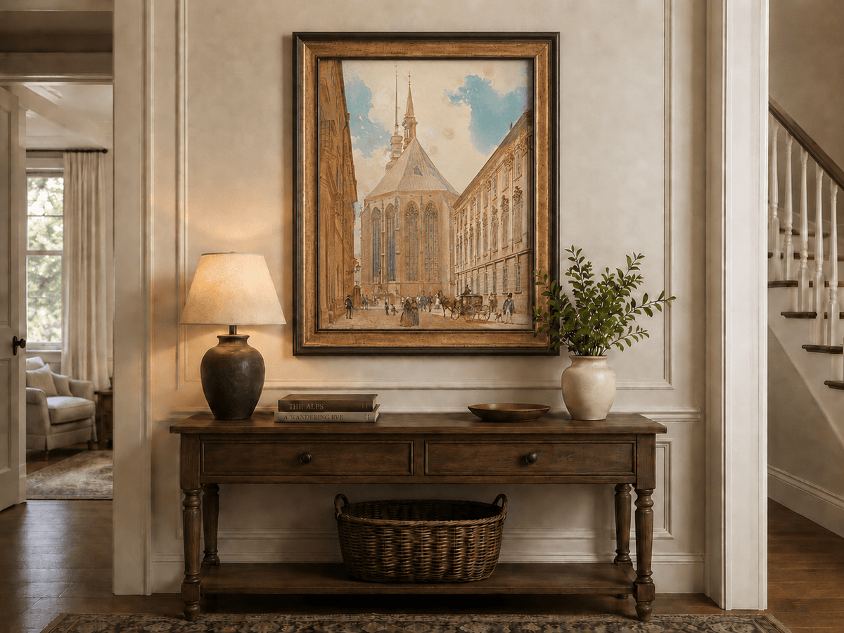 Landscape Oil Painting - Historic European Street Cathedral