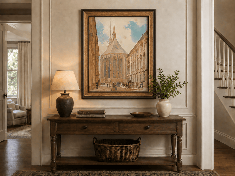 Landscape Oil Painting - Historic European Street Cathedral