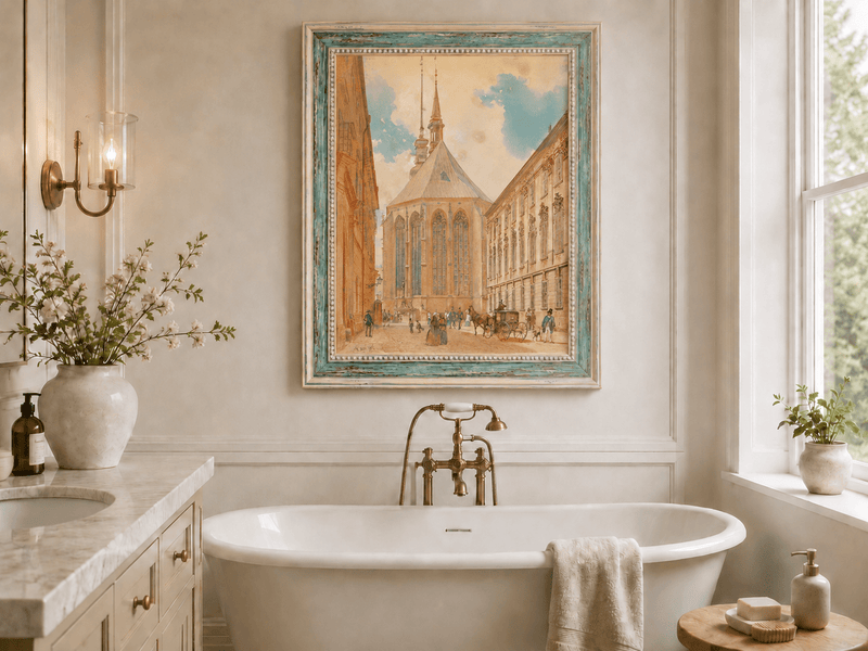 Landscape Oil Painting - Historic European Street Cathedral