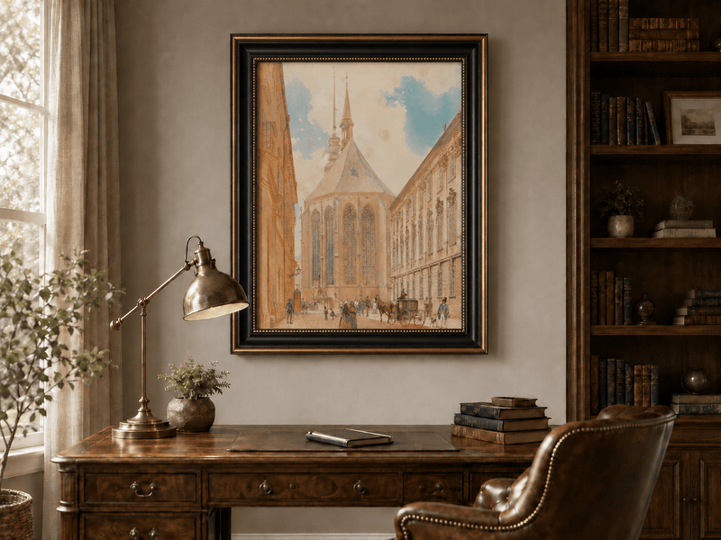 Landscape Oil Painting - Historic European Street Cathedral
