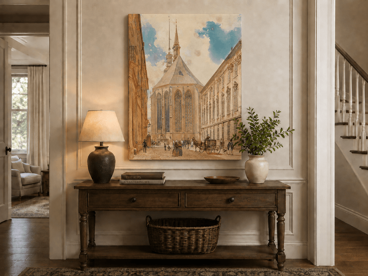 Landscape Oil Painting - Historic European Street Cathedral