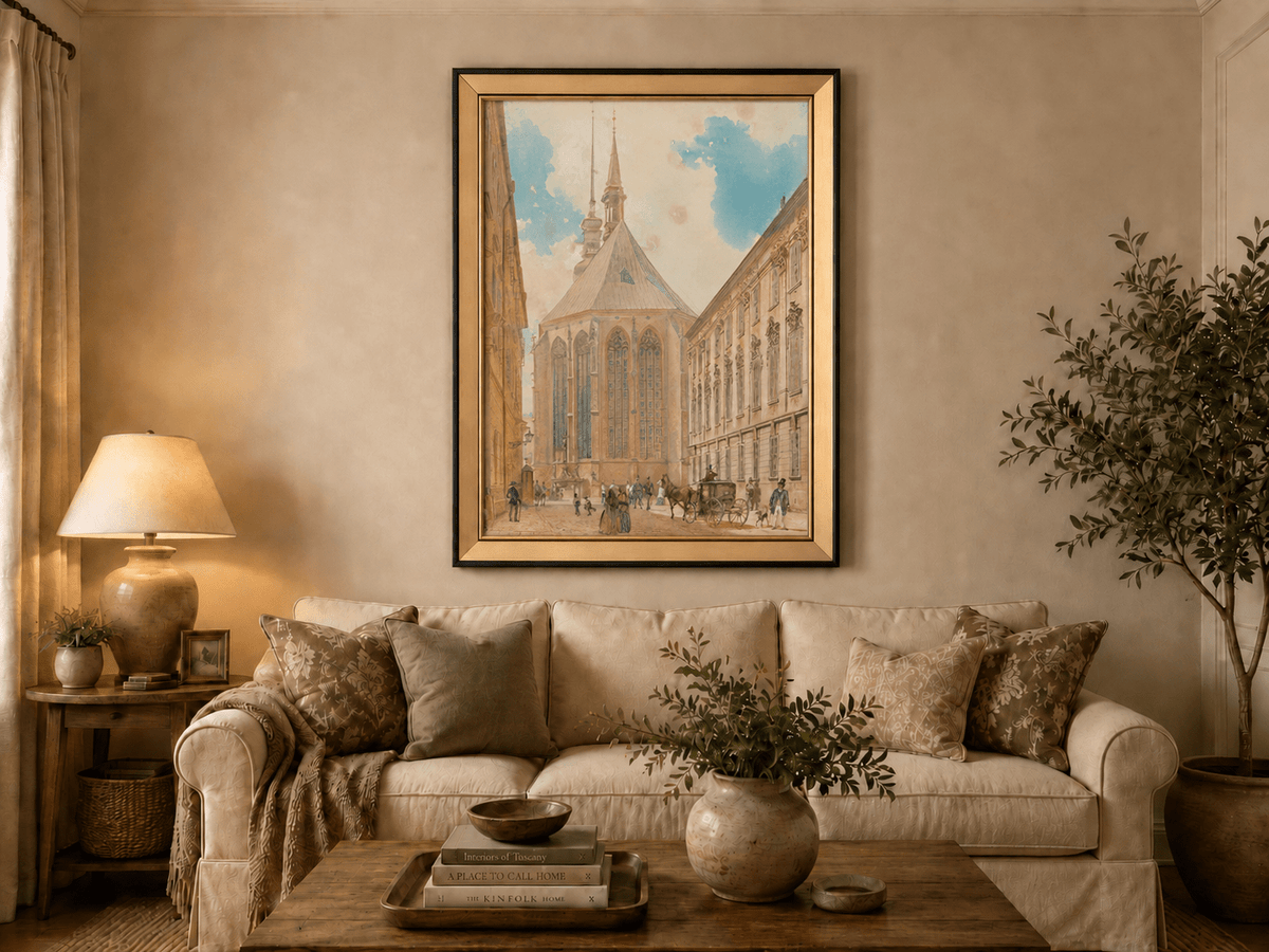 Landscape Oil Painting - Historic European Street Cathedral