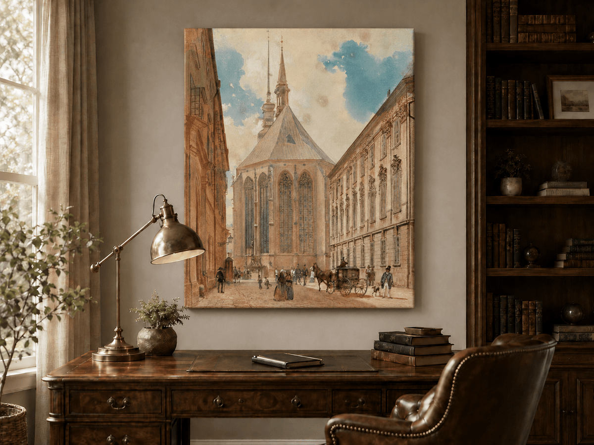 Landscape Oil Painting - Historic European Street Cathedral