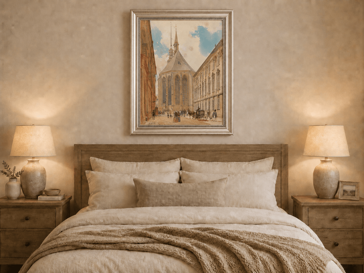 Landscape Oil Painting - Historic European Street Cathedral