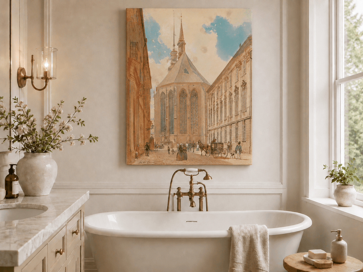 Landscape Oil Painting - Historic European Street Cathedral