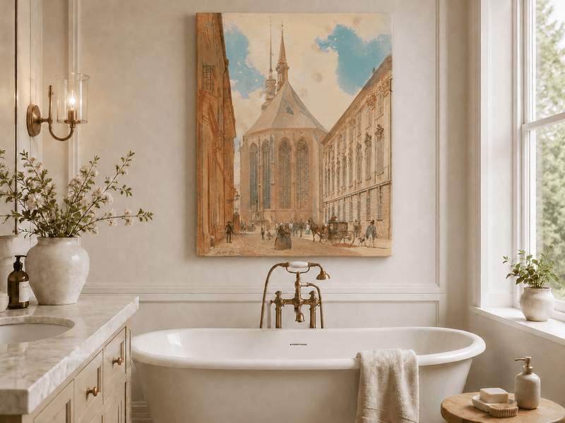 Landscape Oil Painting - Historic European Street Cathedral