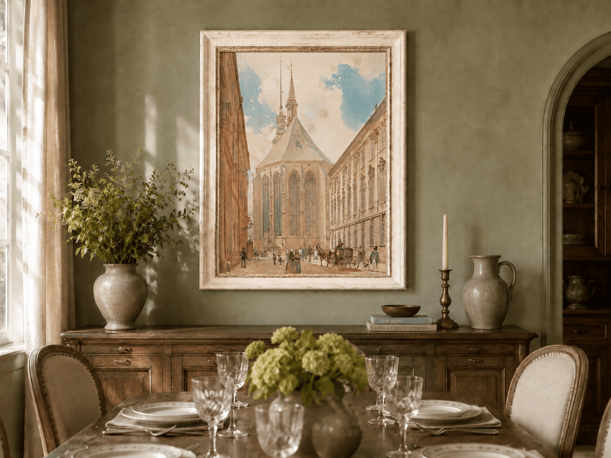 Landscape Oil Painting - Historic European Street Cathedral