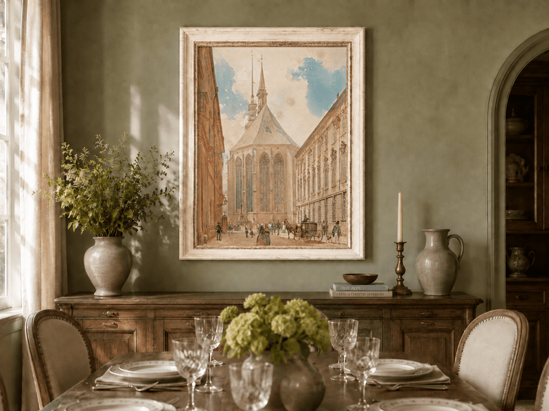 Landscape Oil Painting - Historic European Street Cathedral