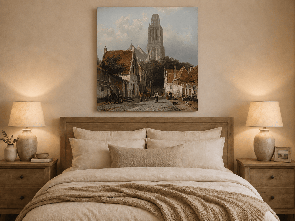 Landscape Oil Painting - Historic European Street Cathedral Tower