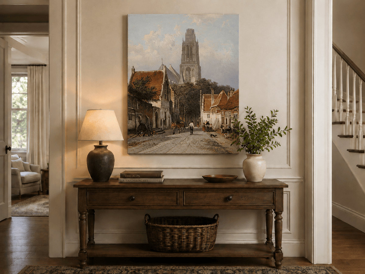 Landscape Oil Painting - Historic European Street Cathedral Tower