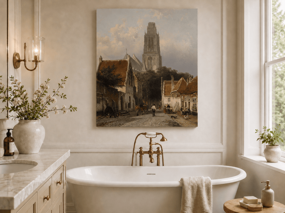 Landscape Oil Painting - Historic European Street Cathedral Tower