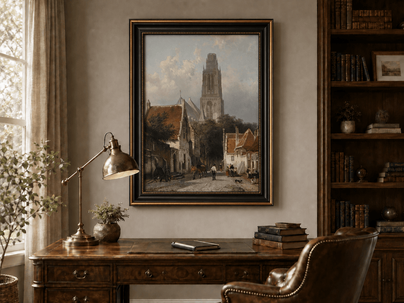 Landscape Oil Painting - Historic European Street Cathedral Tower