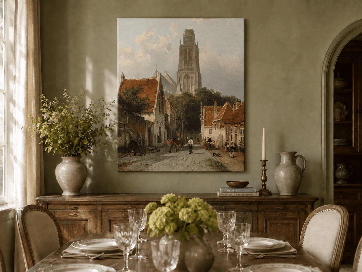 Landscape Oil Painting - Historic European Street Cathedral Tower